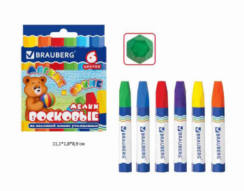 кс_Восковые мелки утолщенные арт. 222969 BRAUBERG НАБОР 6 цв. на маслян.основе яркие цвета
