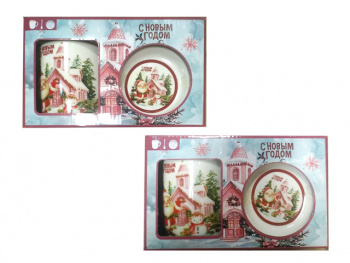 Подарочный набор арт. Q28E-502 Чайная пара с ложкой "Дед мороз и снеговик" ассорти керамика в кор.