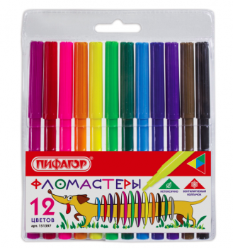 кс_Фломастеры арт. 151397 ПИФАГОР "Веселая такса" 12 цв, вентилируемый колпачок
