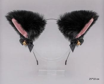 Ободок арт. 209628 Ушки кошки мех черный с бантиками в пак.